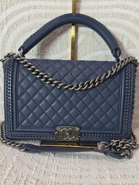 Chanel Boy Large Quilted Navy Leather Chain Top-Handle  Shoulder Bag